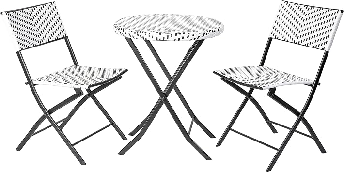 Flash Furniture PE Rattan Indoor/Outdoor Folding Bistro Set, Black/White | 3-Piece Set, Commercial Grade, Black Steel Frames, Indoor/Outdoor Use