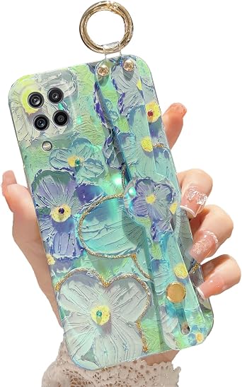 for Samsung Galaxy A12 Case, Galaxy a12 Phone Case for for Elegant Cute Flower Petals with Wrist Band Kickstand Ultra Slim IMD Soft TPU Shockproof Protection Holder Cover for Galaxy A12 5g