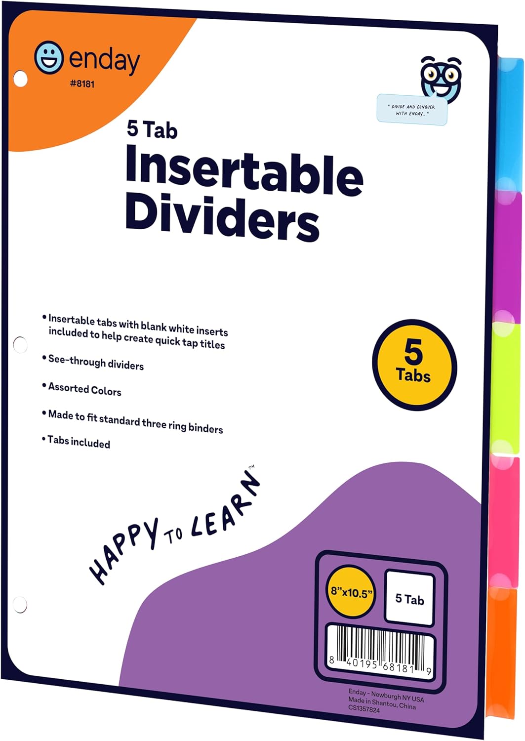 6 Dividers for 3 Ring Binder Standard Index Folder Dividers, Plastic Multicolor Dividers with White Insertable Tabs, in Green, Blue, Pink, Purple, Red, Grey (6 Packs) – By Enday