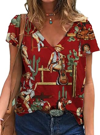 Women's Vintage Cowgirl Shirt – Western Horse Print V-Neck T-Shirt, Loose Fit Desert Cactus Top
