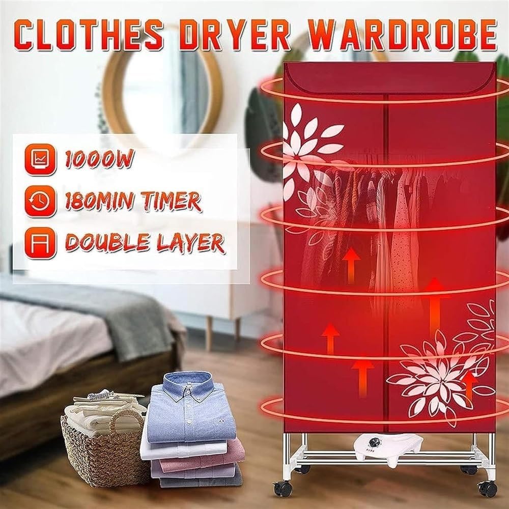 Stand Style Clothes Dryers Indoor, 220v/1000w Folding Mini Drying Rack with 180 Min Timer Heater Hanger Wardrobe Laundry Clothing Rack Double Layer Large Space 15KG Weight Bearing