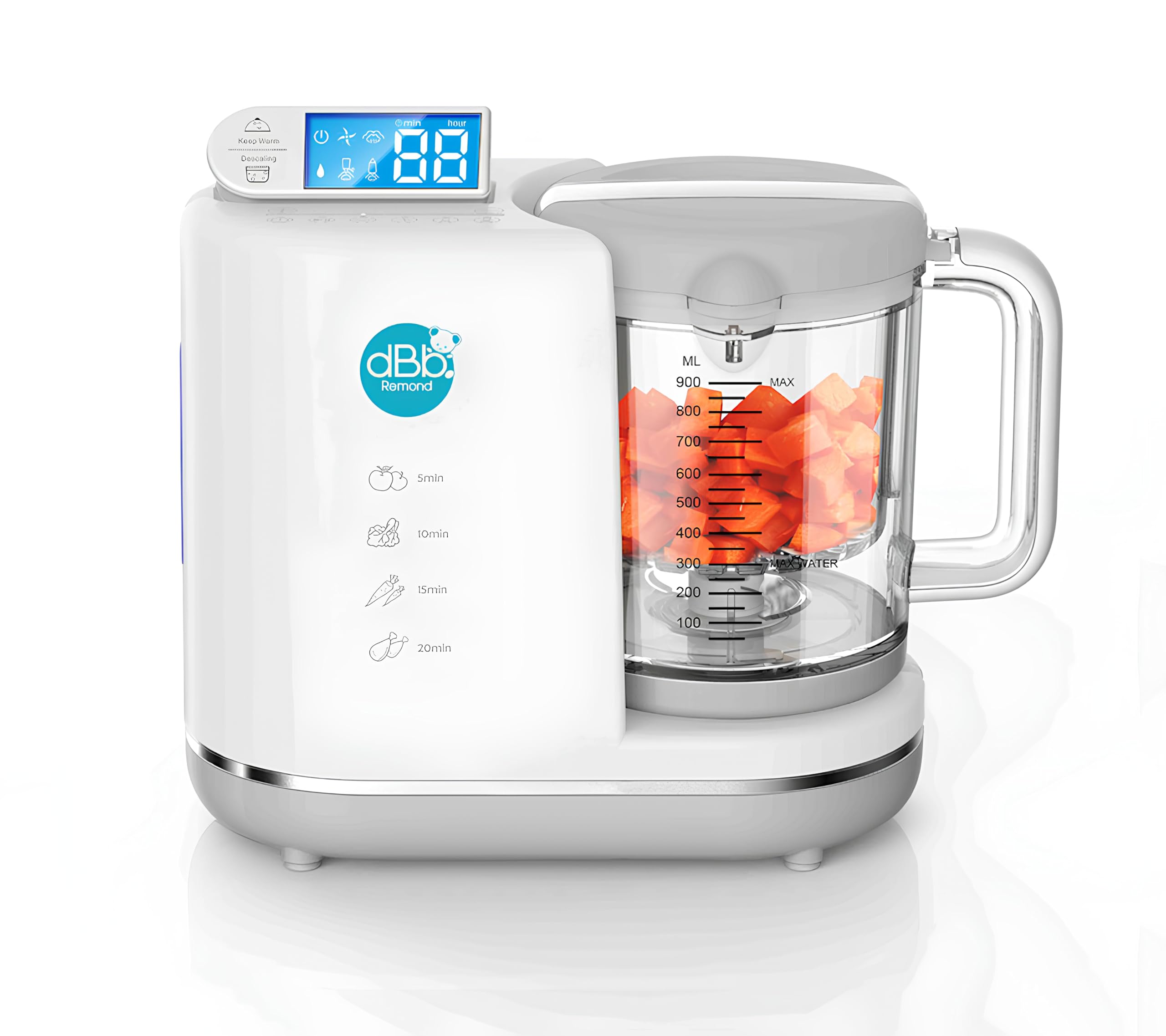 dBb Remond Robot Cuiseur Bébé Multifonctions 6 en 1 - Cuit Vapeur, Mixe, Hache, Stérilise, Chauffe et Décongèle - Auto Nettoyant - Repas Sains et Faciles pour Bébé - Capacité 1000 ml - Blanc & Gris