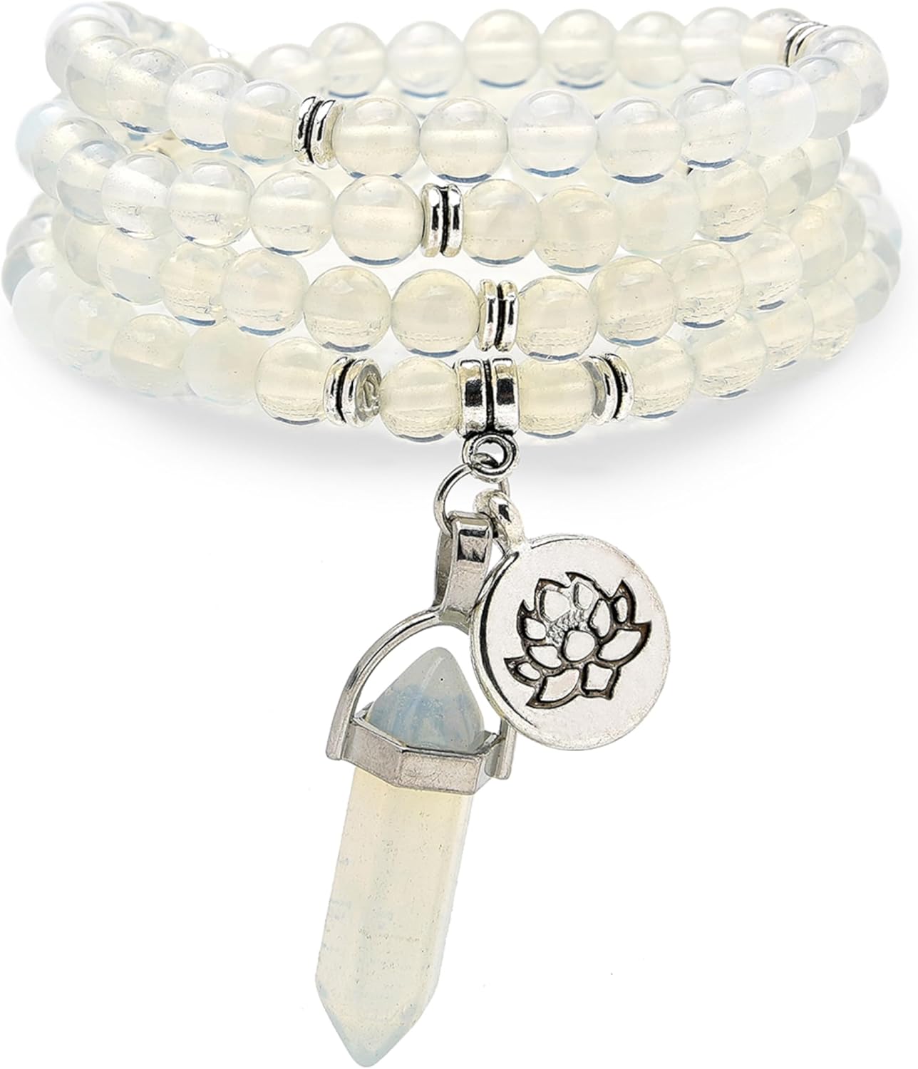 108 Natural Mala Prayer Beads Bracelet Necklace with Lotus Charm and Reiki Quartz Hexagonal Prism Pendant