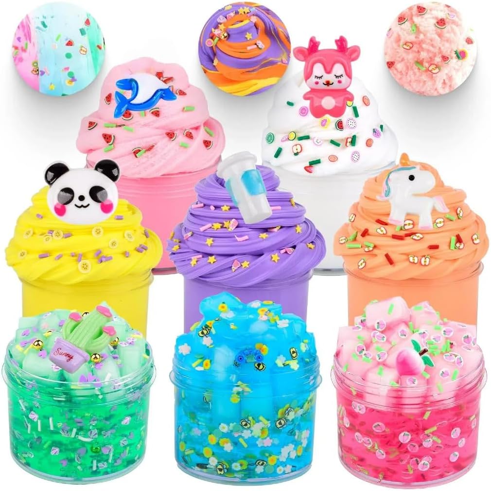 8 Pack Slime Toys of 3 Butter 3 Clear 2 Cloud Slime, for Kids Party Favors, Soft Stretchy Premade Putty Stress Relief Toy for Girls Boys