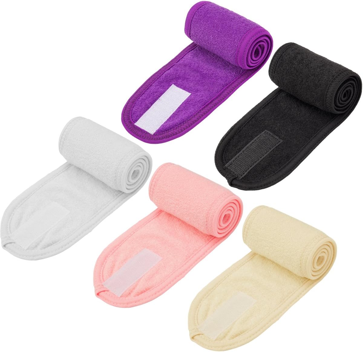 Madholly 5 piece Spa Makeup Headband Towel Terry Cloth Make Up Headband Yoga Sport Headband Shower Headband Washable Facial Band Adjustable Makeup Wrap Headband with Self-adheisve Tape