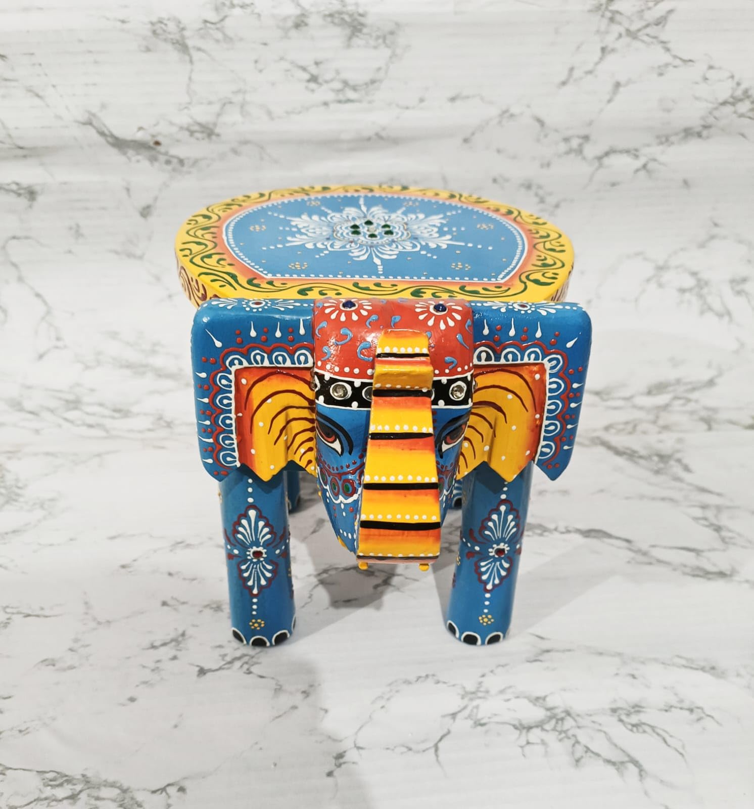 Wooden Handpainted Blue Elephant Stool - 8 Inches | Handcrafted, Wood, Multicolour Floral Art, Decorative Stool, Indian Folk Art, Home Decor Accent-image-25