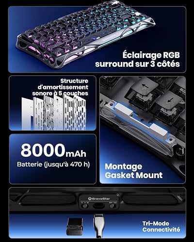 GravaStar Mercury K1 75% Wireless Mechanical Keyboard, Aluminum Alloy Gaming Keyboard with Knob, Hot Swappable, Linear Switches, Transparent Keycaps, RGB Backlit, 2.4GHz/BT5.0/USB-Black Mist - 9