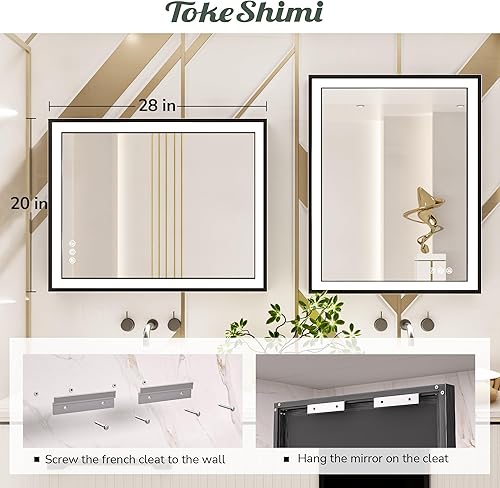 Miniatura 7 de TokeShimi Espejo de tocador de baño LED negro de 20 x 28 pulgadas con luces con luz biselada en ángulo de 45, 3 colores, antivaho, marco mate de