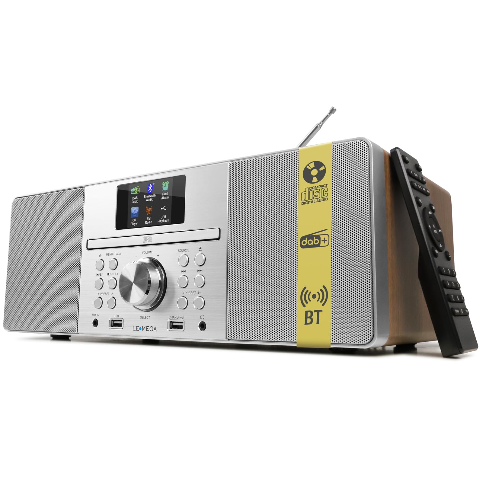 LEMEGA MSY1P Reproductor de CD con Radio Dab/Dab+ y FM, Streaming por Bluetooth, Sistema Hi‑Fi estéreo de 80 W, Pantalla a Color, 60 presintonías, Mando a Distancia, Mueble de Madera acústica