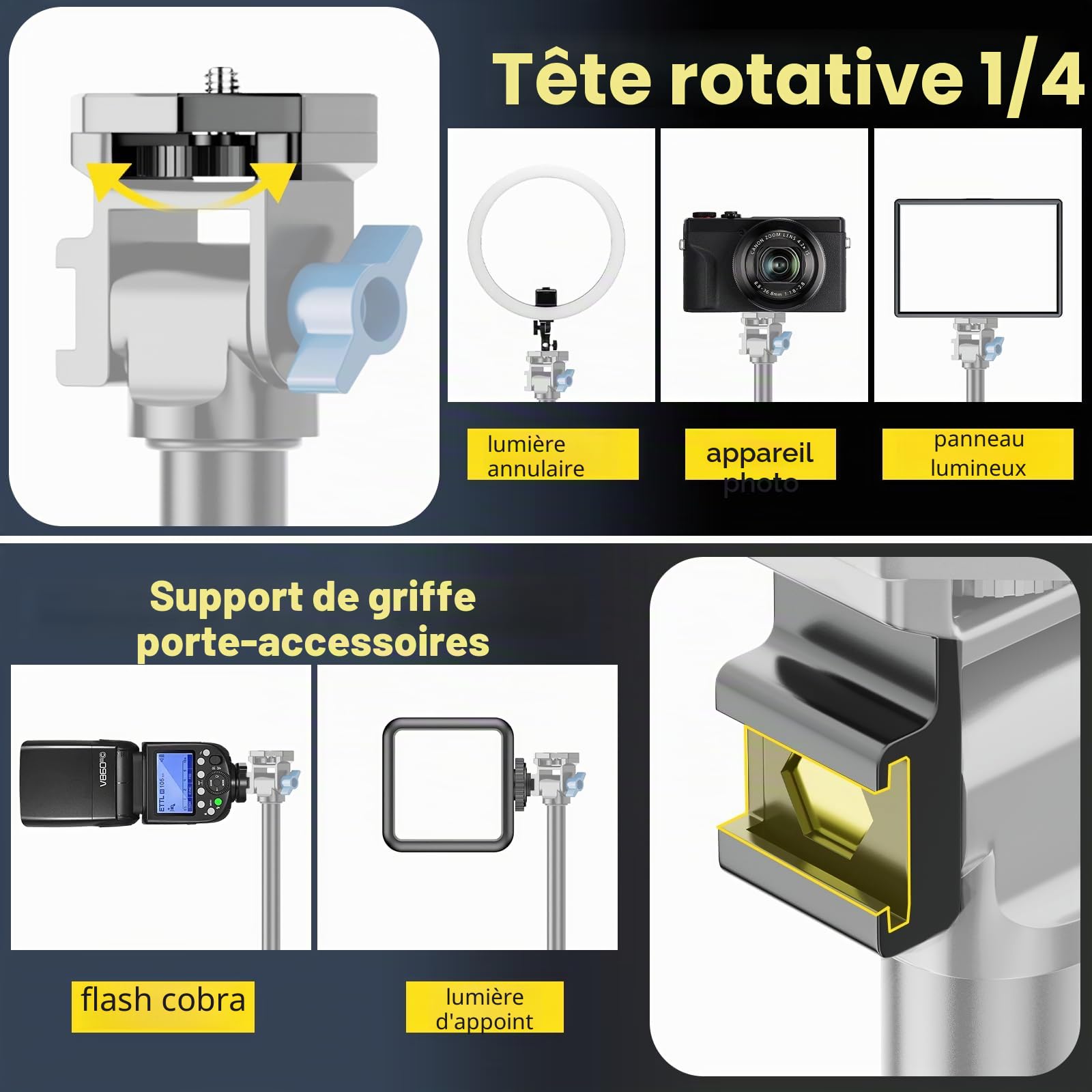 EMART Trepied Lumiere 200cm, Support pour Éclairage avec Tête Pivotante 1/4, Trépied de Support Pivotant à 180 Degrés pour Caméras et Autres Équipements (Noir, 2 pièces)