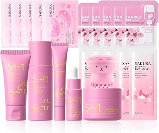 21PCS Skin Care Gift Sets for Women Glowing Skin, Sakura Skincare Set for Teenage Girls Gifts, Complete Pamper Set for Women Hydrates & Brightens, with VitaminC Collagen Peptides