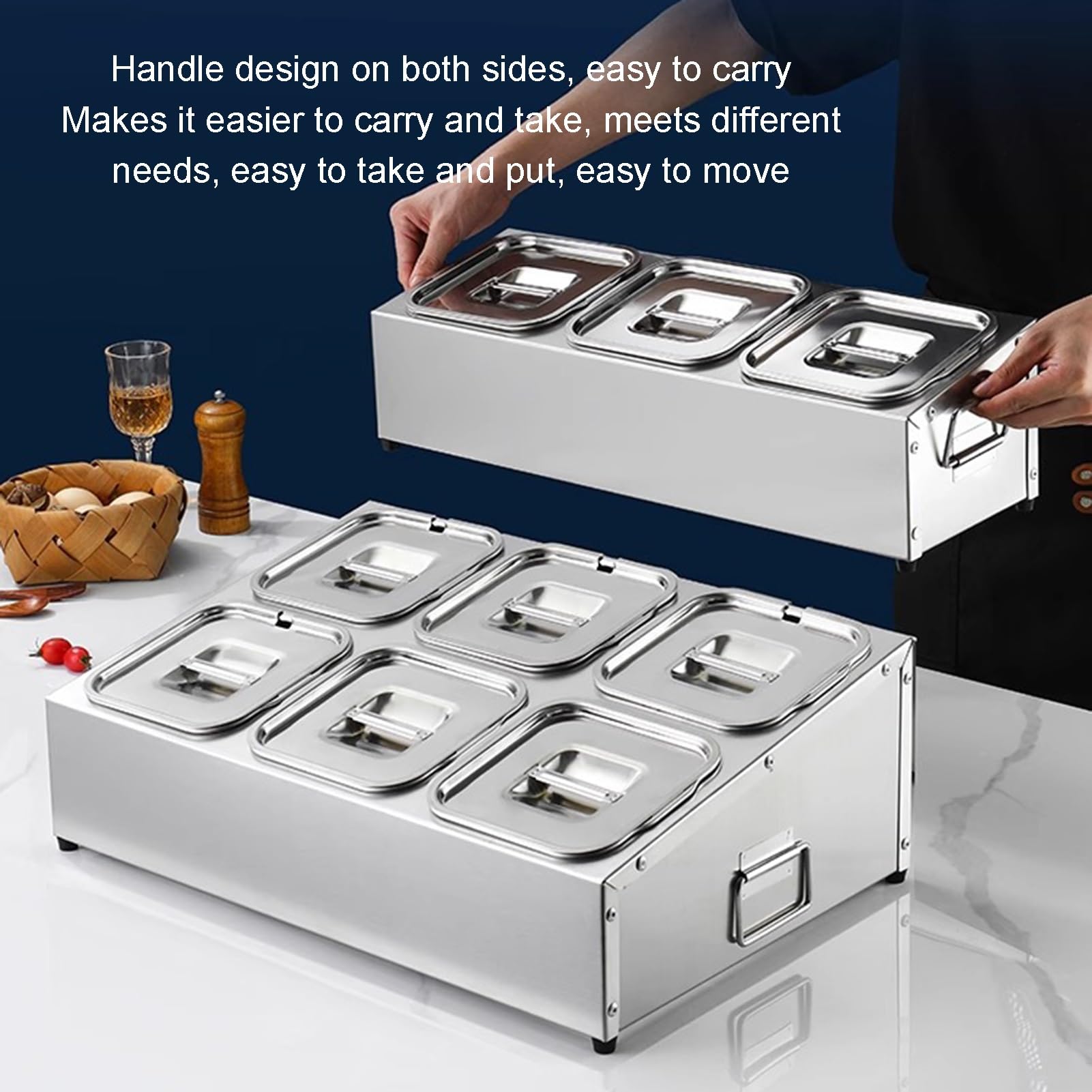 Juego De Especieros Comerciales De Acero Inoxidable Soporte Para Mostrador, Recipiente Para Alimentos Dispensador, Caja Organizadora Para Sal, Azúcar, Condimentos Y Frutas(Silver-B,53x18x15.5cm)