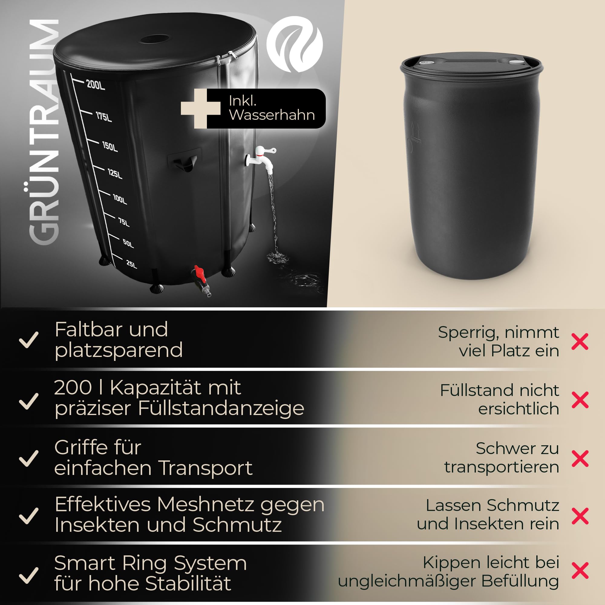 Tonel plegable de 200L – barril de lluvia / barril de agua pluvial / depósito de agua plegable – barril de agua estable – resistente a la intemperie – con indicador de nivel y sistema Air