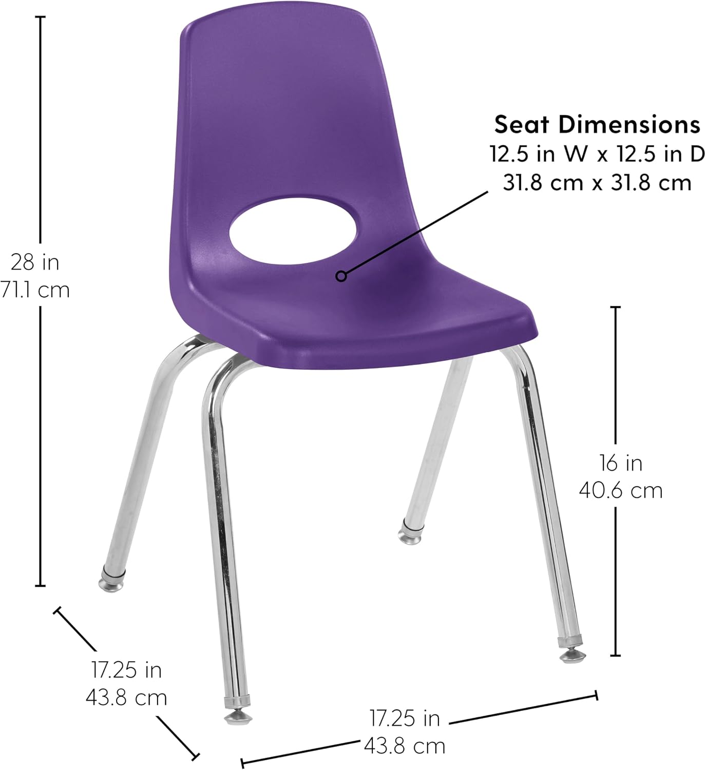 FDP 16" School Stack Chair, Stacking Student Seat with Chromed Steel Legs and Swivel Glides for Classroom, Homeschool or Office - Purple (2-Pack), 13049-PU