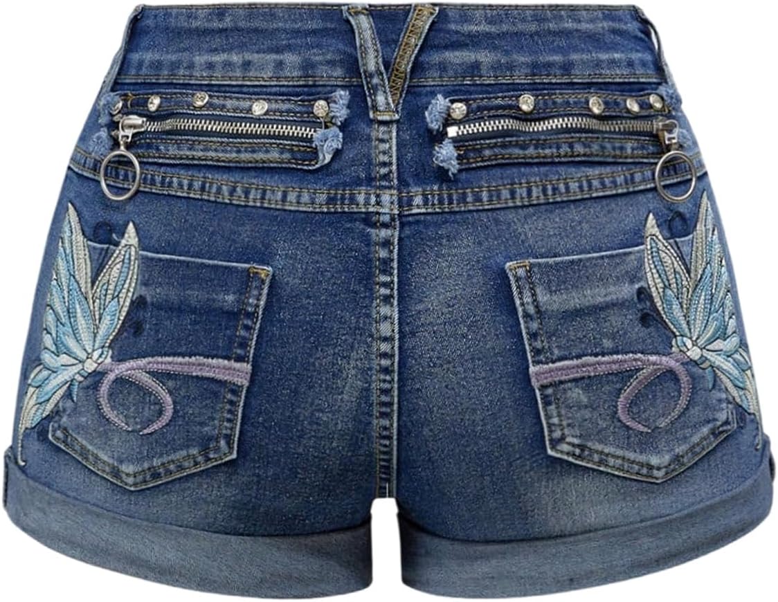 SOLY HUX Women's Y2k Butterfly Embroidery Distressed Jean Shorts Vintage Low Rise Mini Denim Shorts