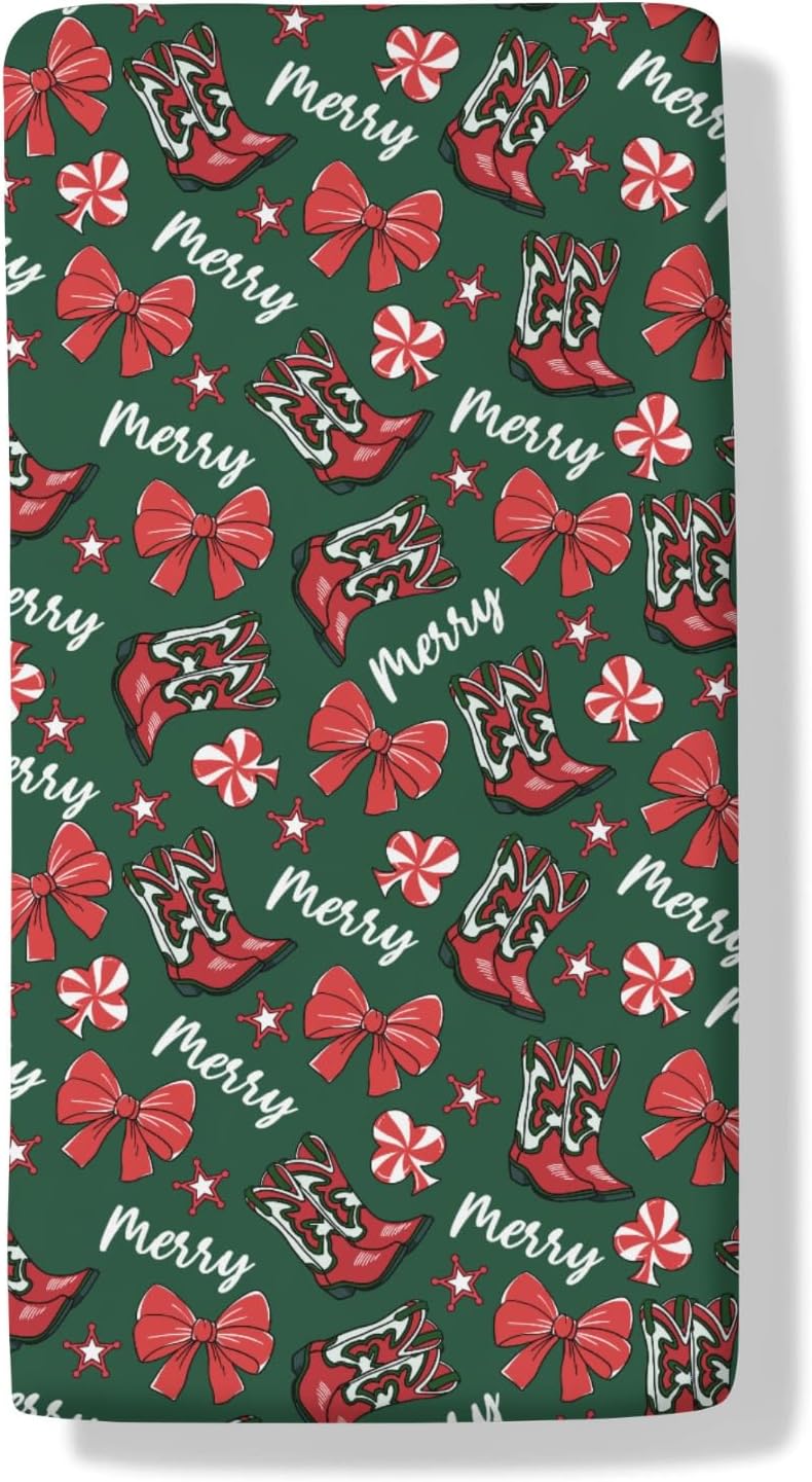 Western Christmas Cowgirl Bows Baby Crib Sheets Vintage Cowboy Boots Desert Soft Baby Sheets Winter Festive Holiday Fitted Crib Mattress Cover for Standard Crib Mattress 52"x28"