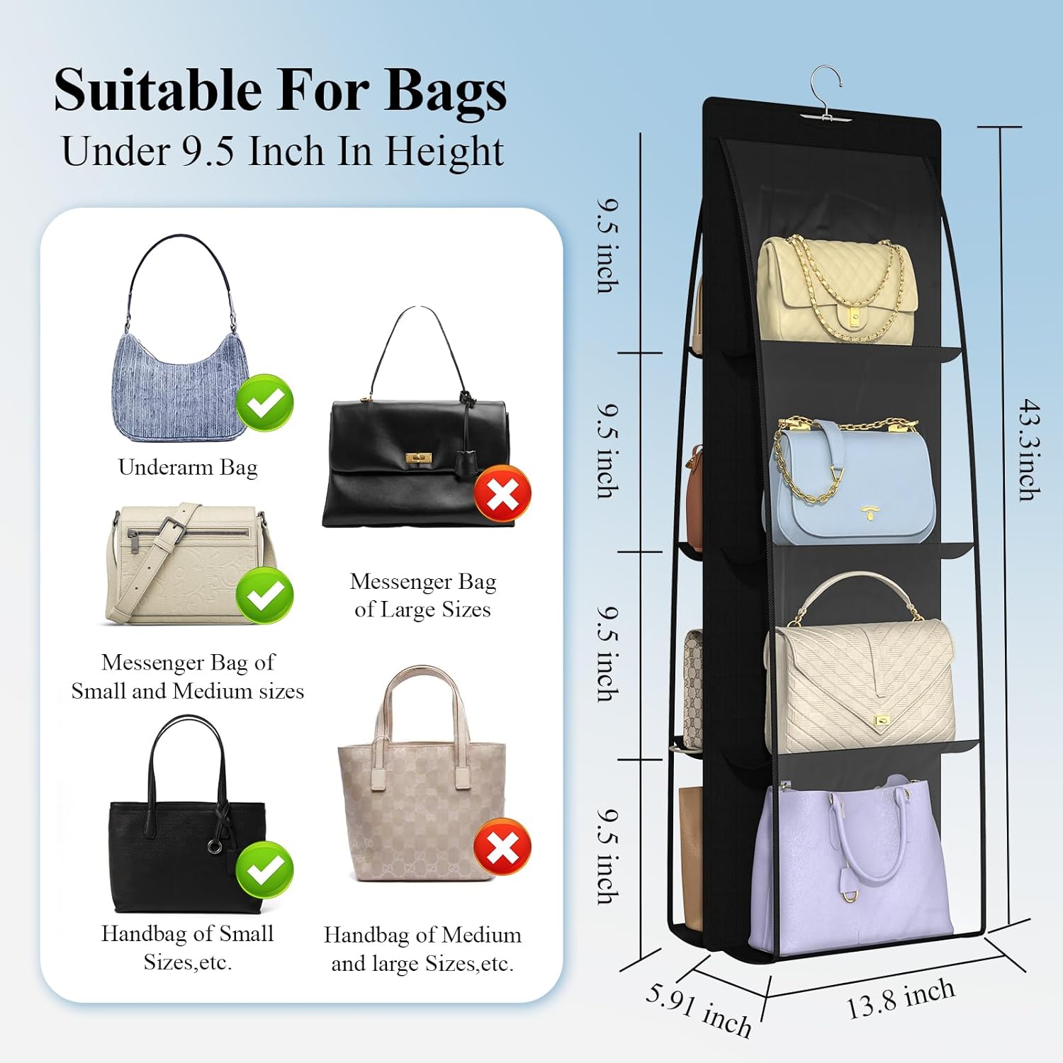 2 Packs 8 Pockets Black Handbag Hanging Purse Organizer for Closet, Purse Storage, Purse Hanger and Handbag Organizer for Space Saving - Image 3