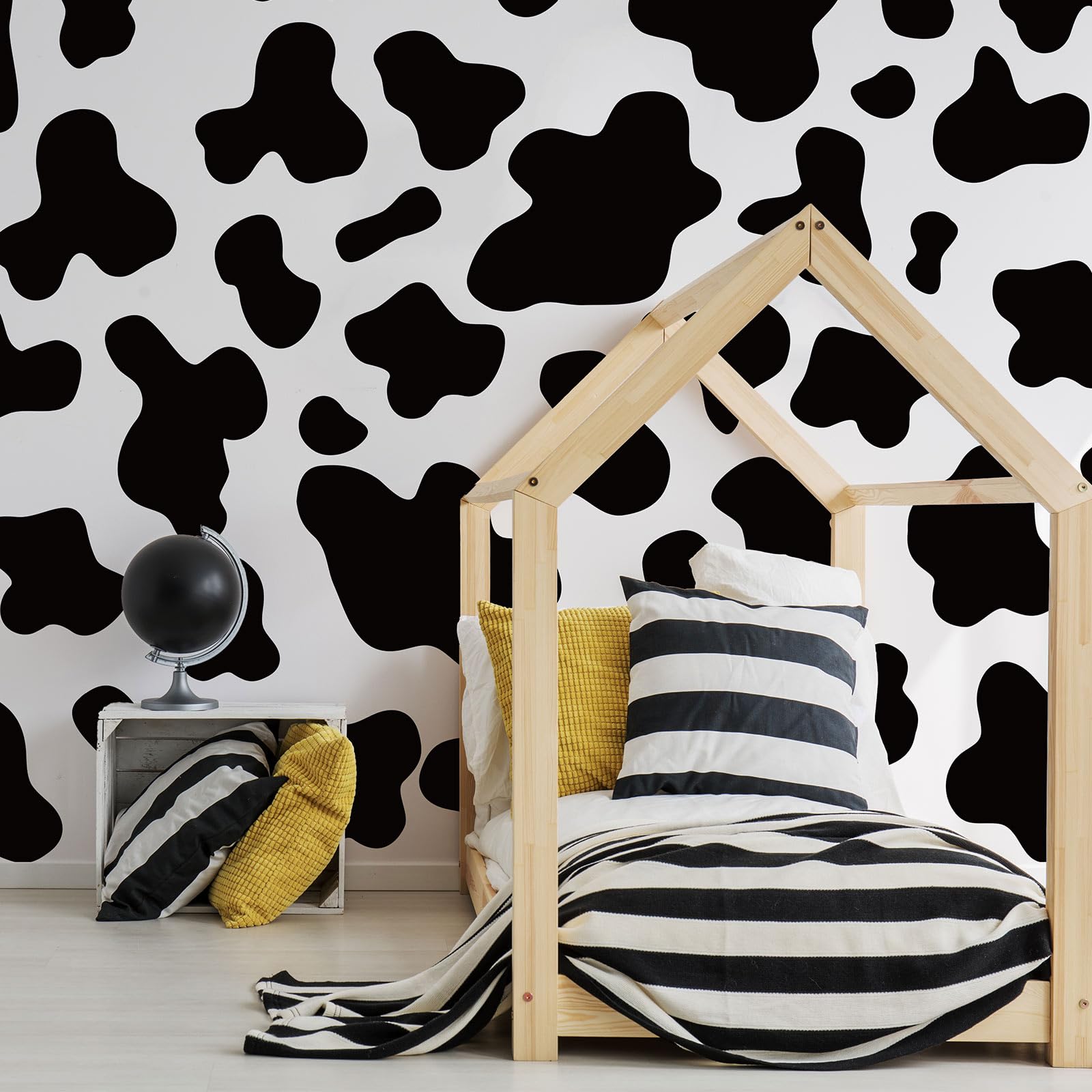 Whaline 3 Sheet Black Vinyl Cow Print Wall Decals Adhesive Cute Cow Spot Wall Stickers Removable Modern Animal Design Cow Mural Wall Decor for