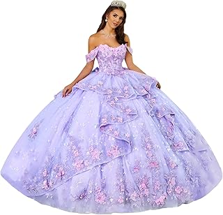 3D Flowers Lace Appliques Quinceanera Dresses Beaded Ruffles Ball Gown Off Shoulder Puffy Tulle Sweet 16 Dresses - Buy now