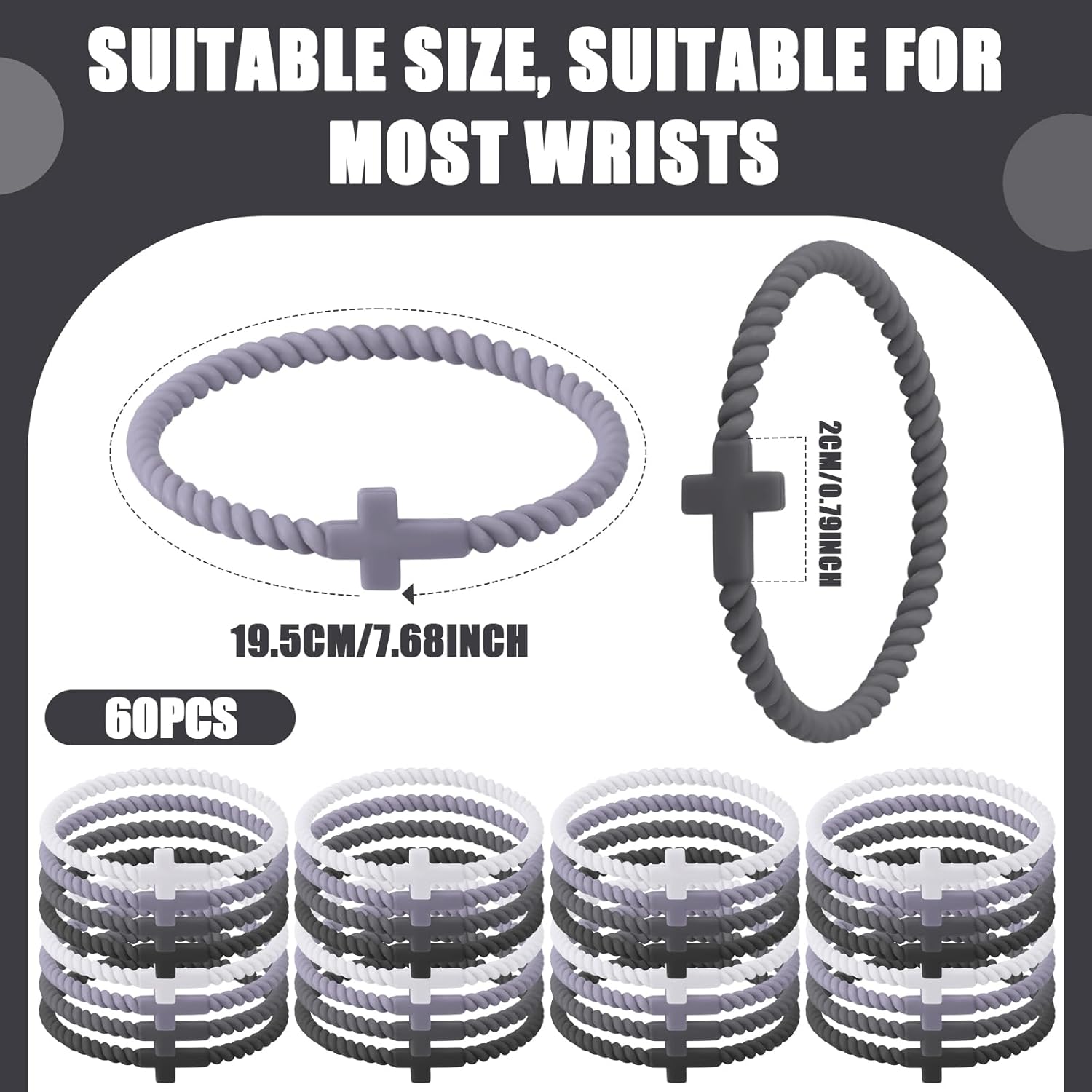 Soaoo 24/60 Pcs Jesus Bracelets Cross Silicone Bracelet Braided Stackable Rubber Wristband Silicone Jesus Jewelry Gift for Women Men - Image 3