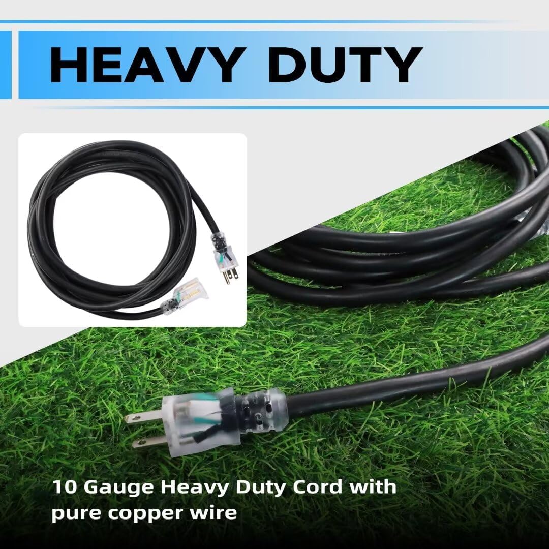 25 Ft Lighted Outdoor Extension Cord - 10/3 SJTW Heavy Duty Black Extension Cable with 3 Prong Grounded Plug for Safety, UL Listed