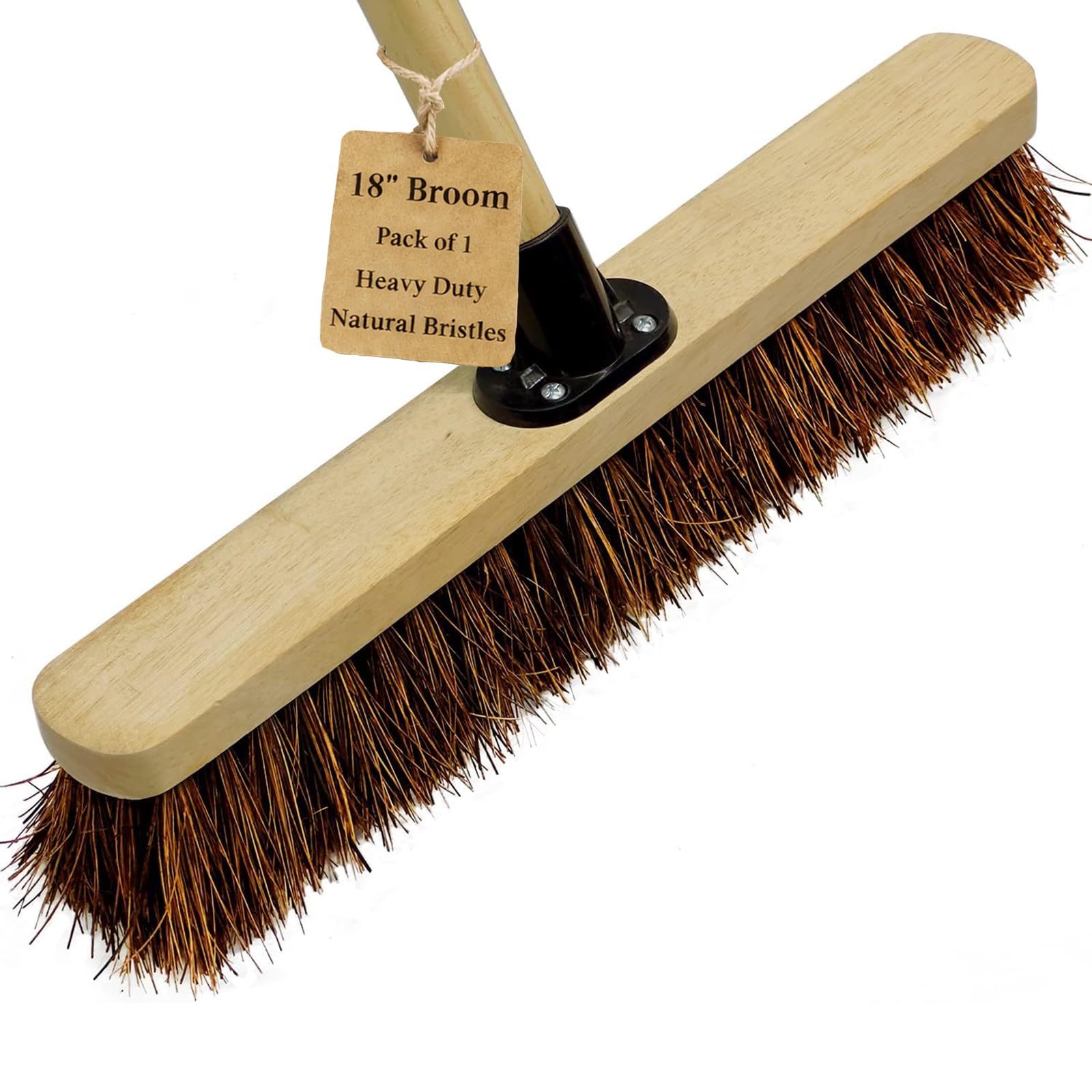 18” Stiff Broom Outdoor Heavy Duty with Wooden Handle Natural Bassine Hard Bristle Yard Brush Factory Warehouse Floors Commercial and Industrial Broom Strong Wooden Brush (Pack of 1)