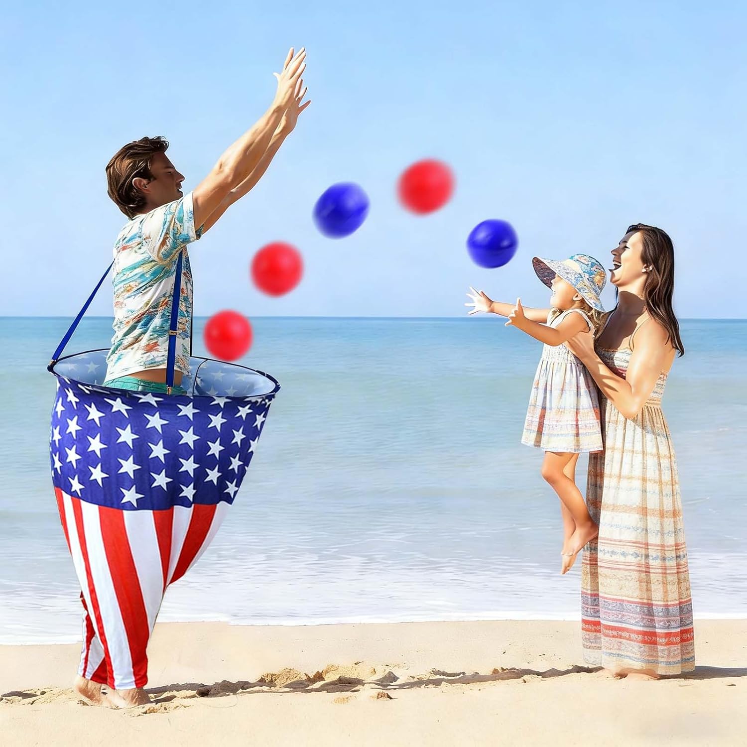 Patriotic Granny Pants Yard Game for Adult Independence Day Granny Pants Games American Flag Ring Toss Game with Pump,Blue&Red Balls 4th of July Party Toss Game for Families Yard Indoor Outdoor