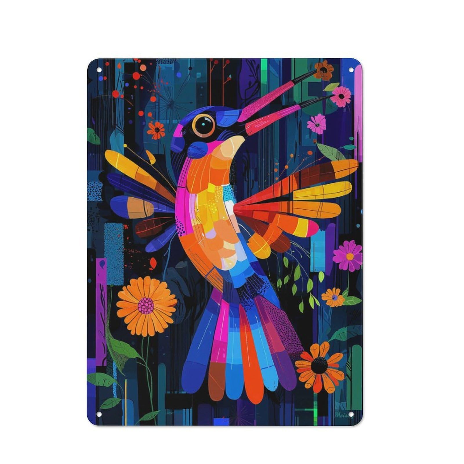 Junmoney Expressionist Geometry Hummingbird – Vibrant Vintage Tin Sign 40X30cm With Abstract Nature Art For Kitchen Or Home Bar, For Home Interiors, Feature Walls And Decorative Displays