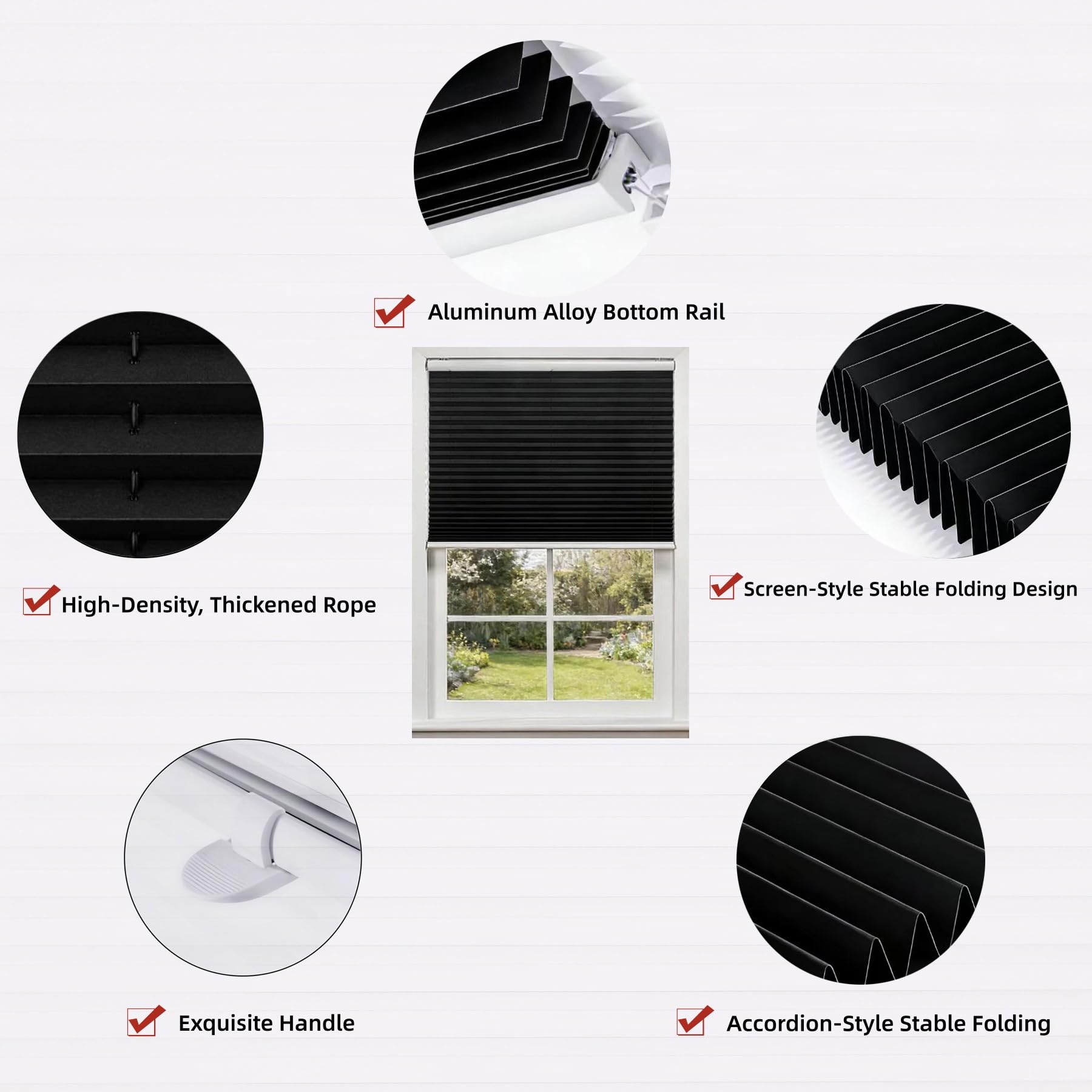 Store Plissé 60 x 296 cm Contre Le Soleil, Réglable Haut Bas, Protection de Privée, Ouverture à Double Sens Store Plissé Encadré pour Fenêtre Ou Porte, Portes de Terrasse, Noir