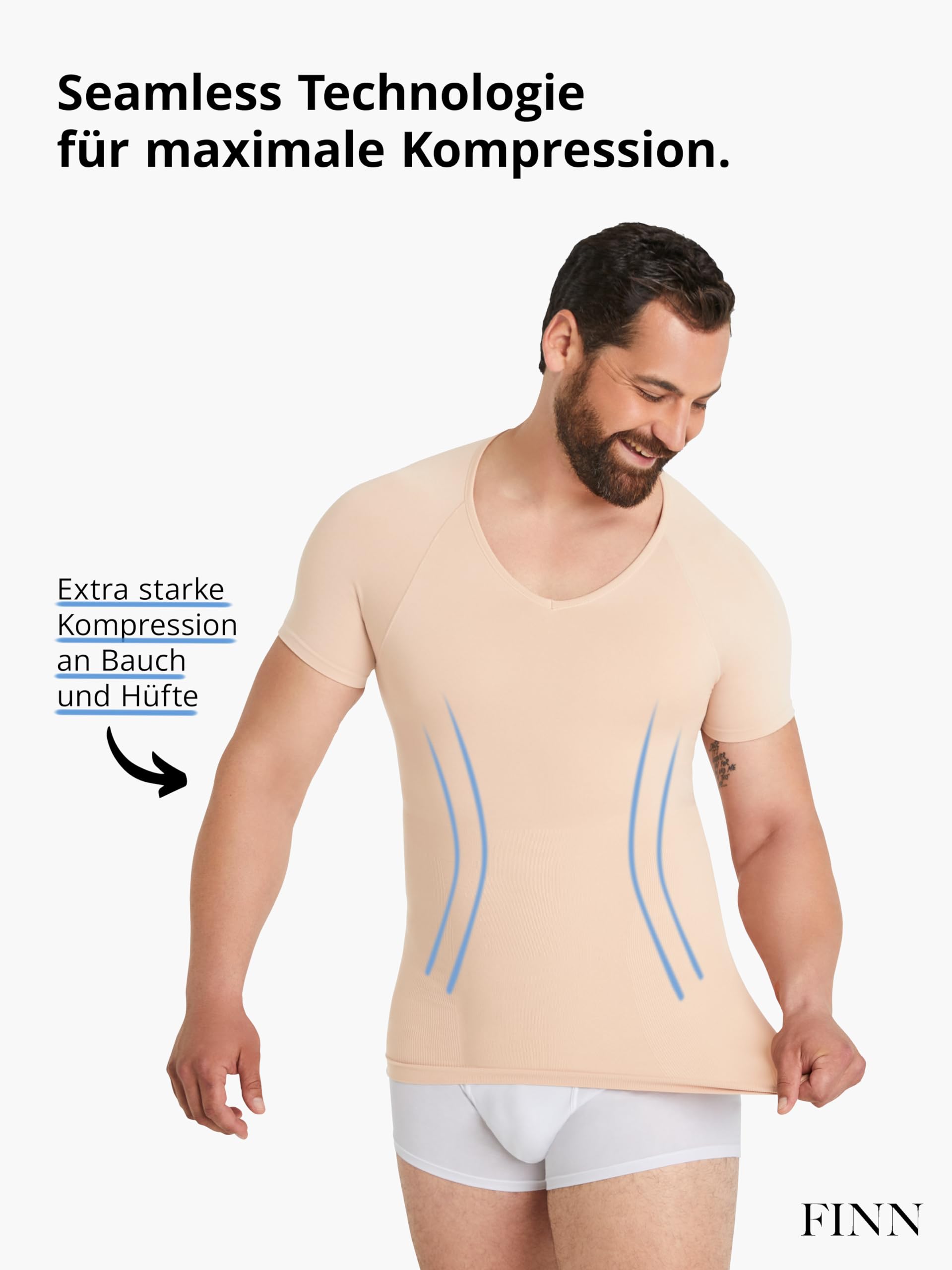 FINN Camiseta de compresión sin costuras para hombre con efecto de barriga, manga corta moldeadora sin costuras, moldeador de cuerpo fuerte para un vientre más plano