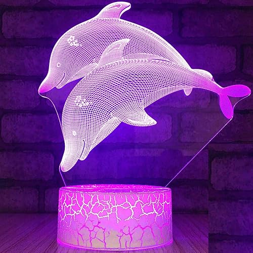 Lámpara de luz nocturna 3D con forma de delfín y 7 colores cambiantes con interruptor táctil, ideal como regalo de Navidad con base acrílica de