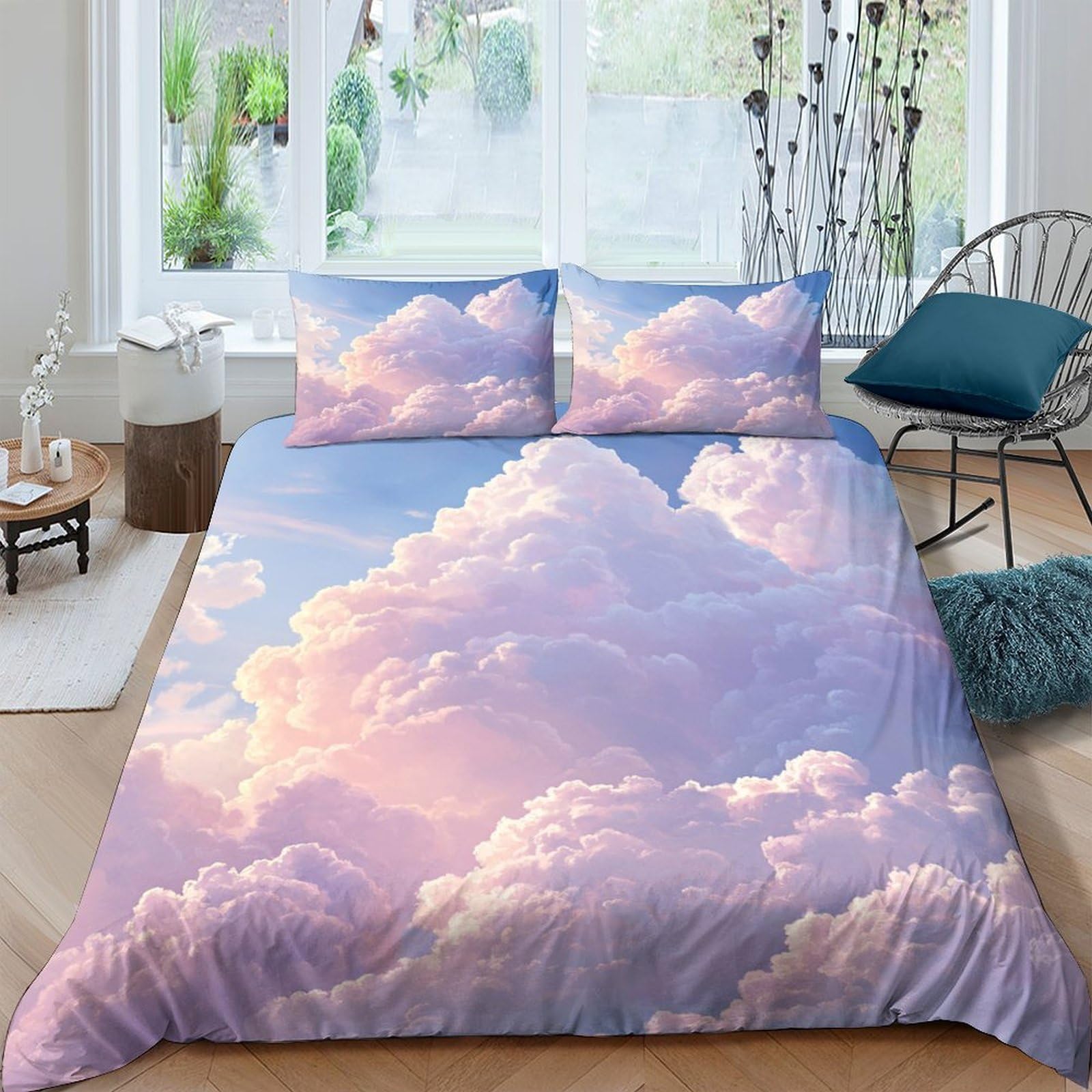 GPLZQXKJNH 3D Printed Pink Cloud Duvet Cover Microfiber Soft Breathable Sunset Sky Bedding Set with 2 Pillowcases for Bedroom Decor Single（135x200cm）