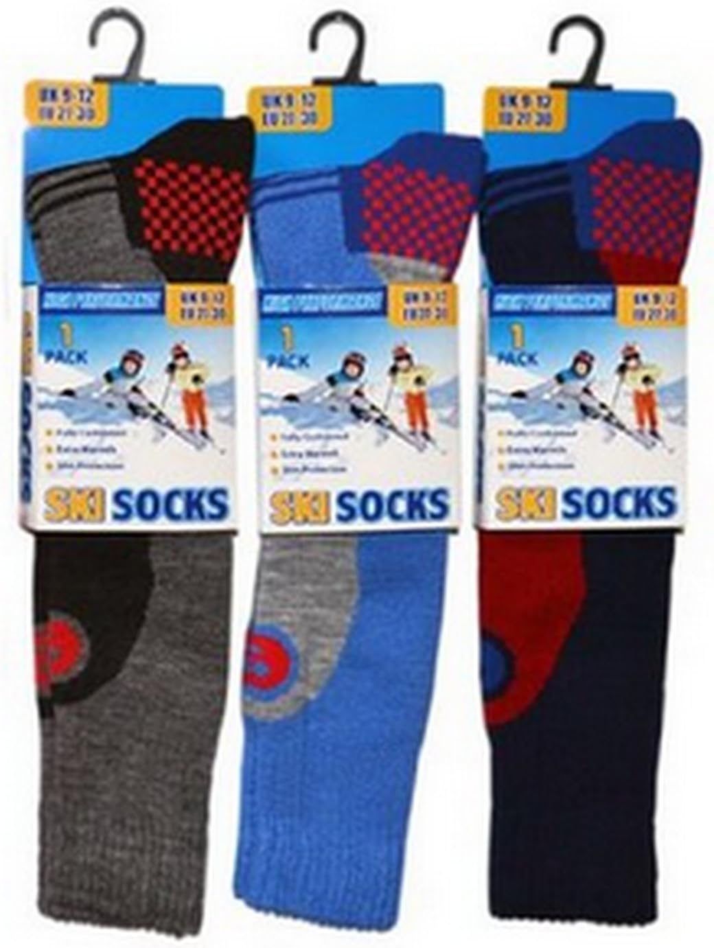 3 Pack Childrens/Boys High Performance Ski Socks With Extra Cushioning, Shin Protection, Assorted Colours, UK: 4-6, EUR: 35-40