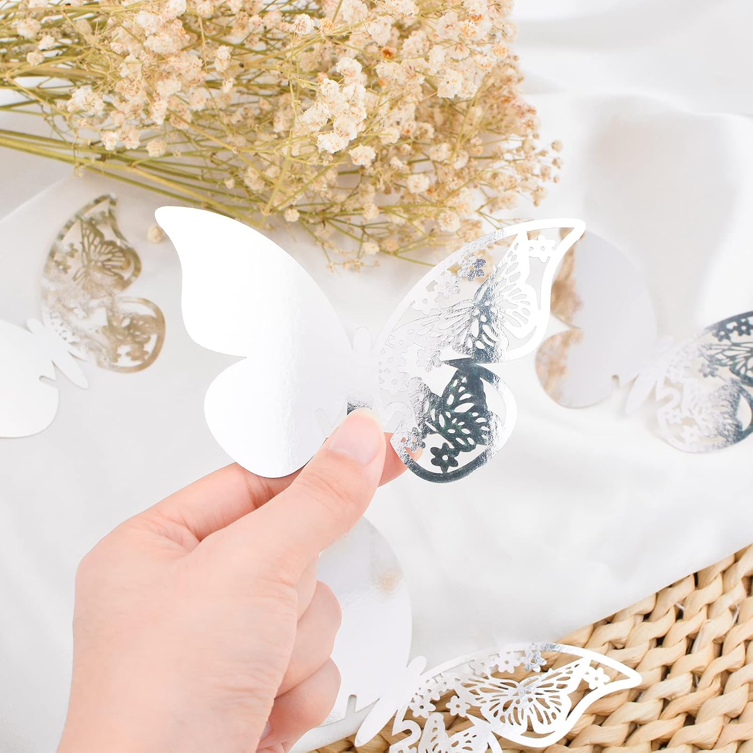 Reflective Butterfly Table Number Place Card, 50 Pcs Silver Wine Glass Cup Decor Postcards Wedding Centerpieces Wall Decals Sticker for Parties