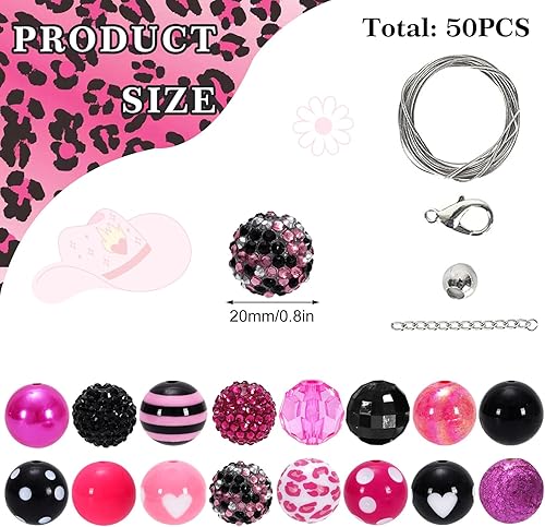 Miniatura 2 de Whaline Juego de 50 cuentas de goma de mascar de 0.787 in, cuentas gruesas de corazón de leopardo rosa y negro para hacer joyas, boutique,