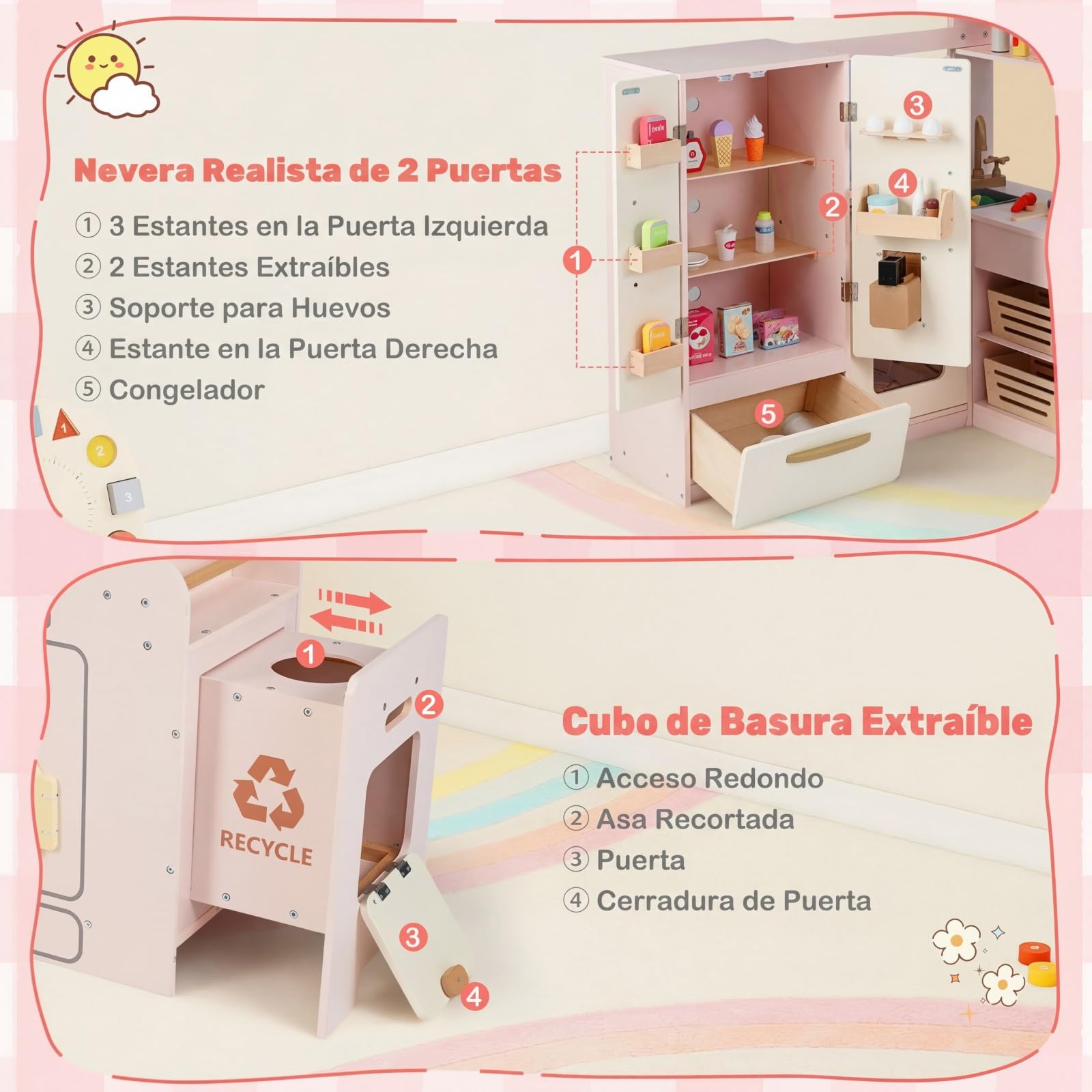 COSTWAY Cocina Juguete en Esquina con Luces y Sonidos, Cocinita Infantil con Refrigerador de Doble Puerta, Hielera, Microondas, Cocina de Madera con Almacenaje para Niños de 3+ Años (Rosa)