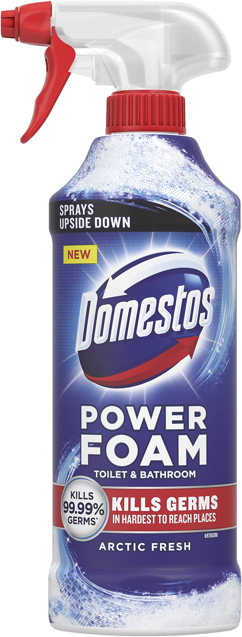 Power Foam Arctic Fresh Toilet & Bathroom Cleaner Spray sprays upside down & eliminates 99.99% of germs* for cleaning inside the toilet & around the bathroom 450 ml