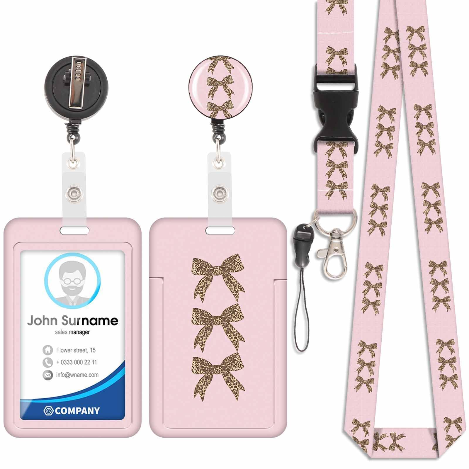 Badge Holder with Lanyard, ID Badge Holders with Detachable Cute Lanyard, Retractable Badge Reel Carabiner Clip, Personalized Card Cover Case Protector for Nurse Teacher Student (Leopard Bow-3)
