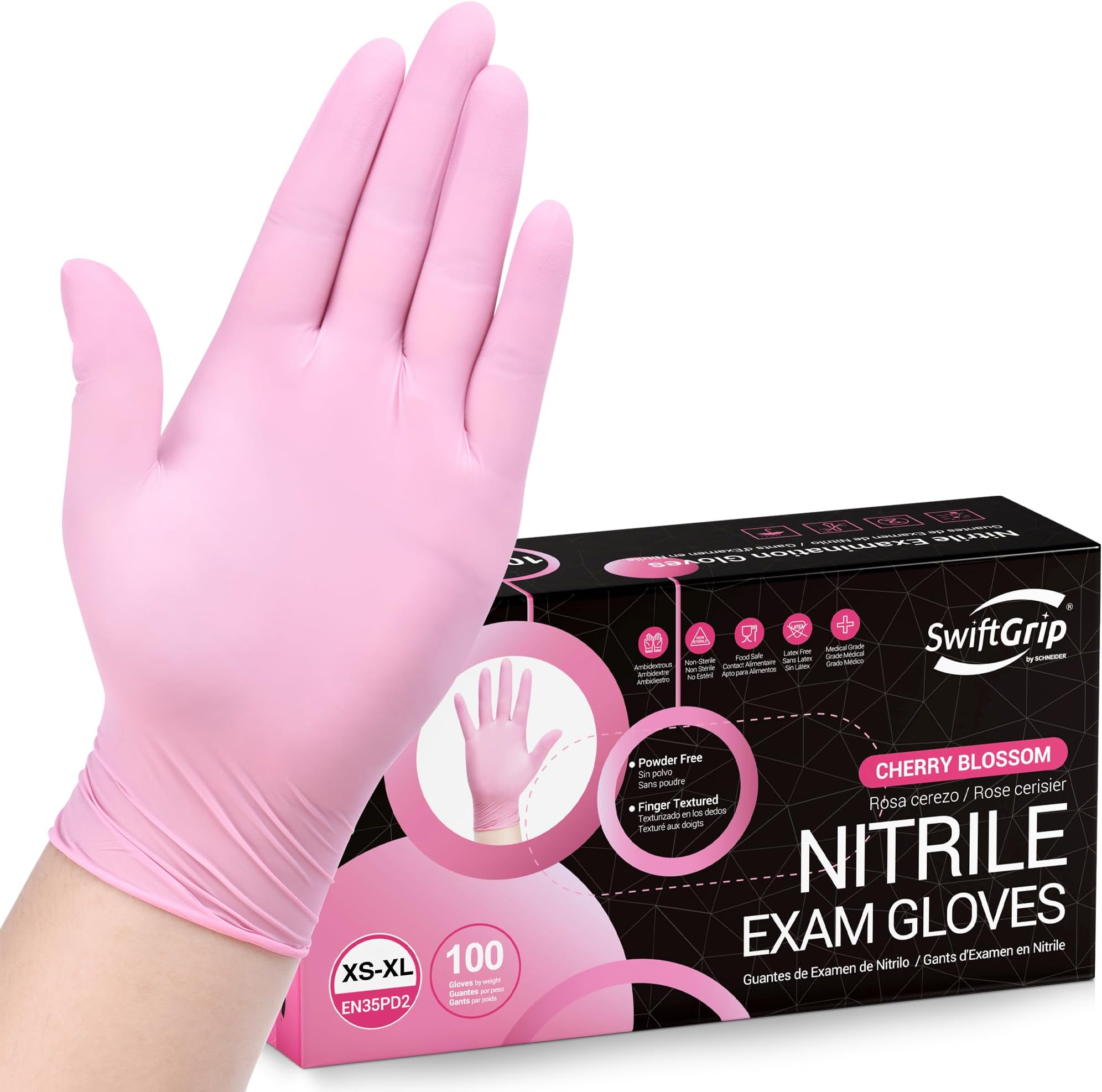 SwiftGrip Pink Nitrile Gloves, 3-mil, Industrial Gloves Disposable Latex Free, for Cleaning & Esthetician, Rubber Powder-Free, 100-ct Box (Small)