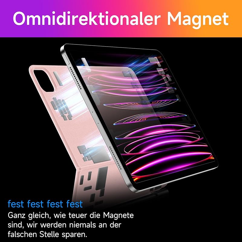 HOU Magic Billentyűzetes Tok iPad Air/Pro 11" - 7 Színű Háttérvilágítás, Érintőpad, QWERTZ, Rózsaszín, Kompatibilis iPad Air 5/4 és Pro 11"