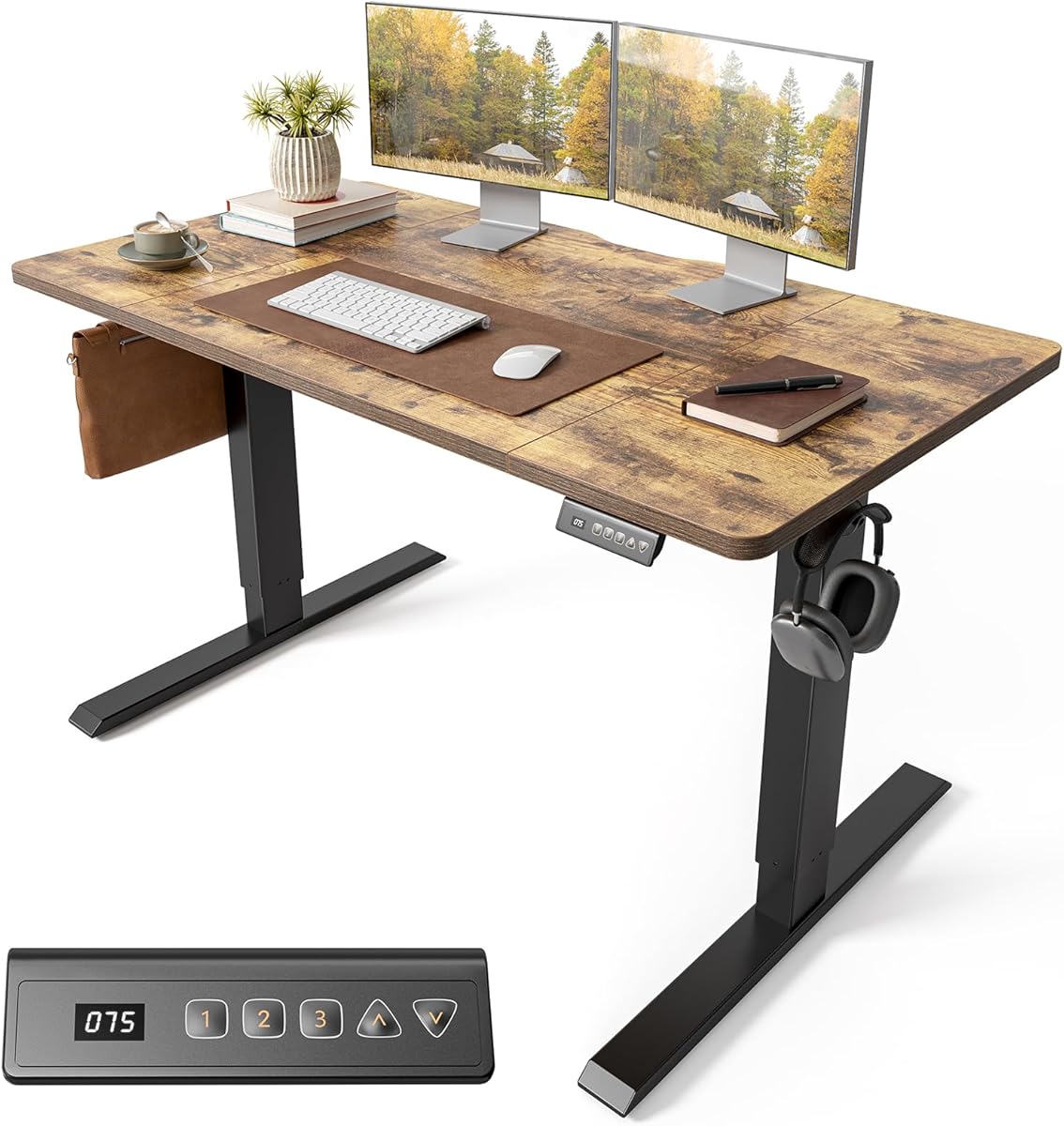 Cubiker Electric Standing Desk Height Adjustable For Gaming and Computer, 120 x 60cm Sit Stand Electric Home Office Desk with Memory Smart Pannel, 4 Pieces Splice Board, Rustic Brown