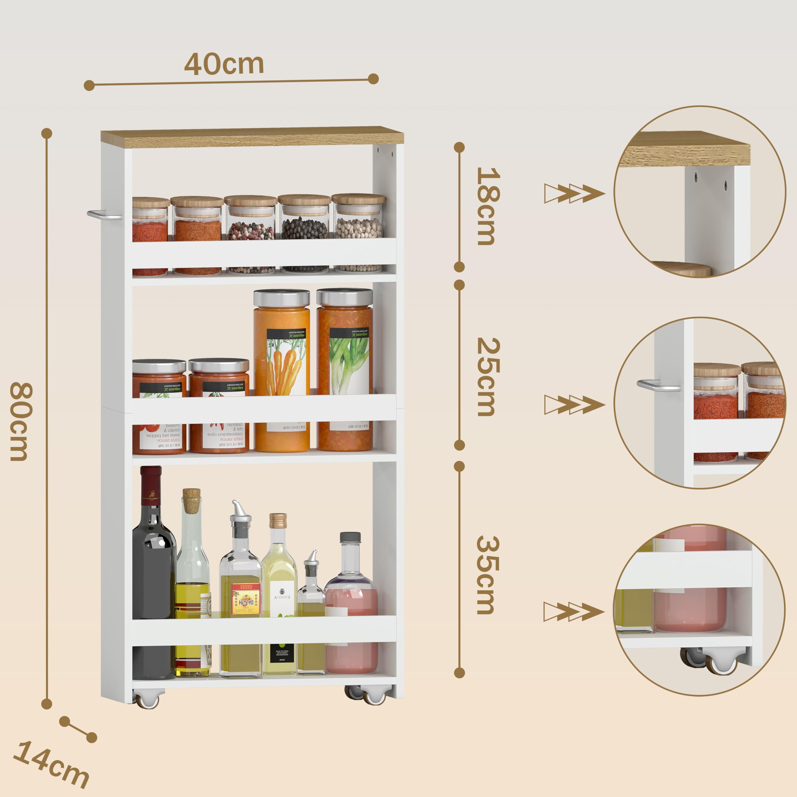 Carrello Cucina con Ruote 40 x 14 x 80 cm Carrello Stretto Salvaspazio a 4 Ripiani Scaffale Portaoggetti per Cucina Bagno e Lavanderia Bianco Effetto Legno