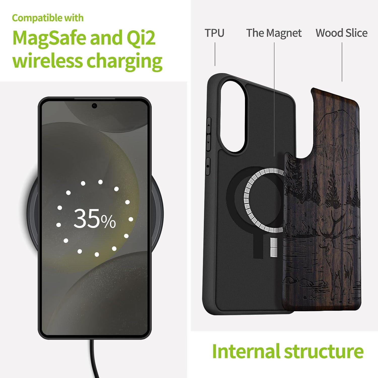 Carveit Magnetic Wooden Case for Samsung Galaxy S25 Edge Case 2025, TPU Shockproof Cover & Wood Artisan Engraved, Compatible with MagSafe Wireless Chargers (Mountains and Deer) Blackwood
