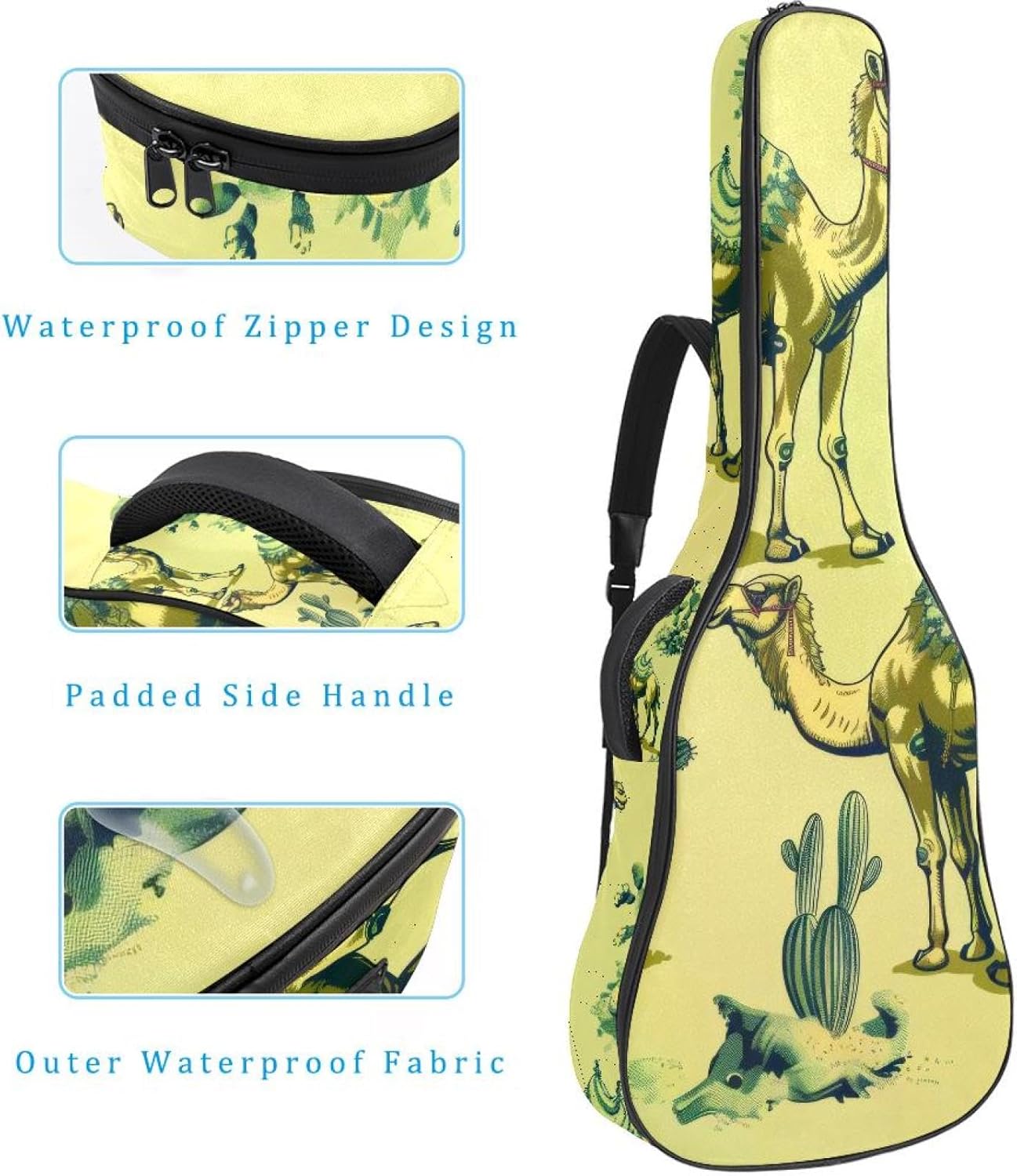 Camels in Different Poses and Cactus Acoustic Guitar Gig Bag, 1 cm Thick Padding Waterproof Guitar Bag Backpack for 40 41 42 Inch Electric Bass Classical Guitars