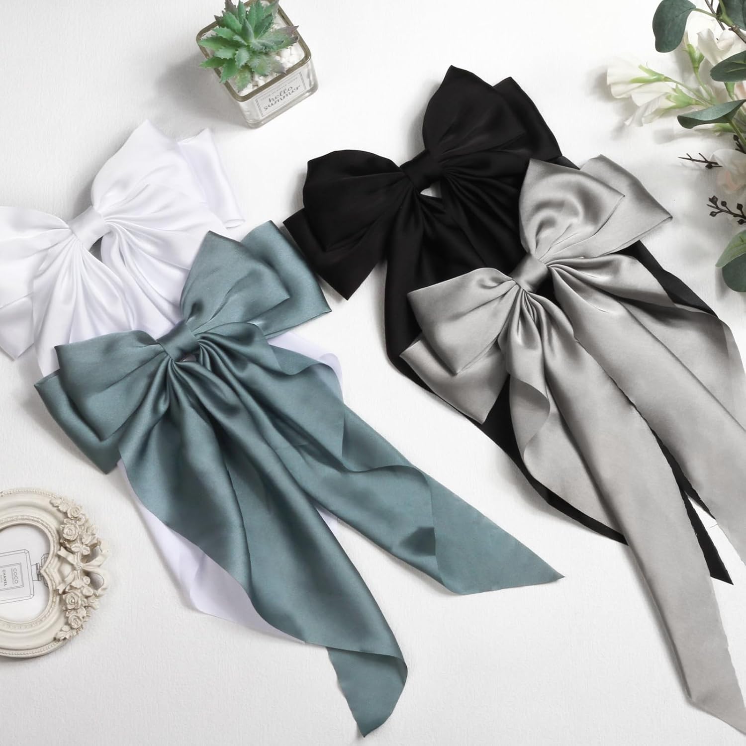 Silky Satin Hair Bows - 4PCS Ribbon Bows for Women & Girls, Big Bow Hair Clips with Long Tail, Barrettes - Cute Hair Accessories Gifts (Black, Blue Grey, Grey, White) - Image 6
