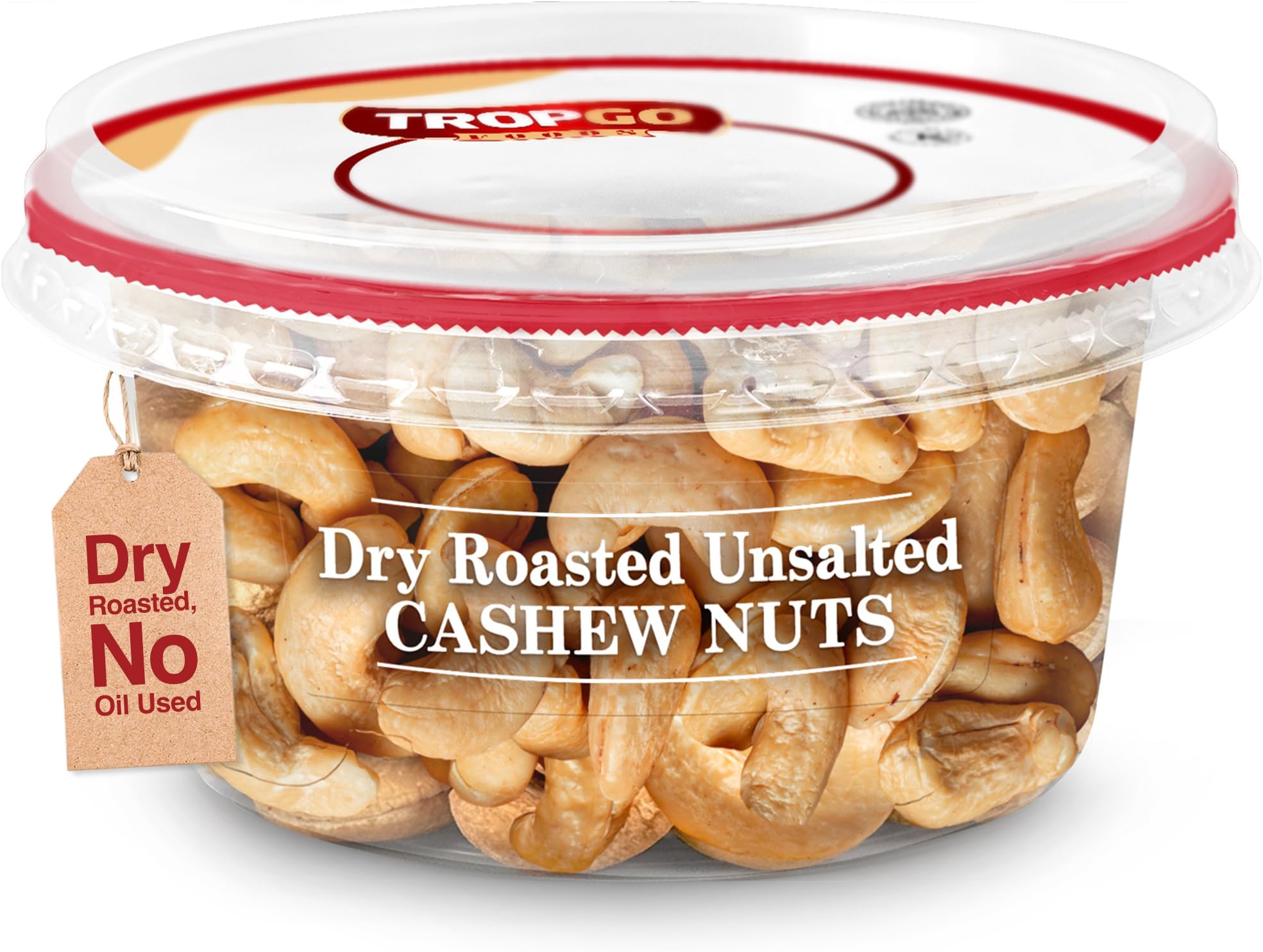 Tropgo Roasted Unsalted Cashews 180g Tub - Dry Roasted, No Oil Used, Cashew Nuts in Resealable & Recyclable Tub, Healthy Snacks - Wholesome Trail Mix with Fibre, Protein, and Essential Minerals
