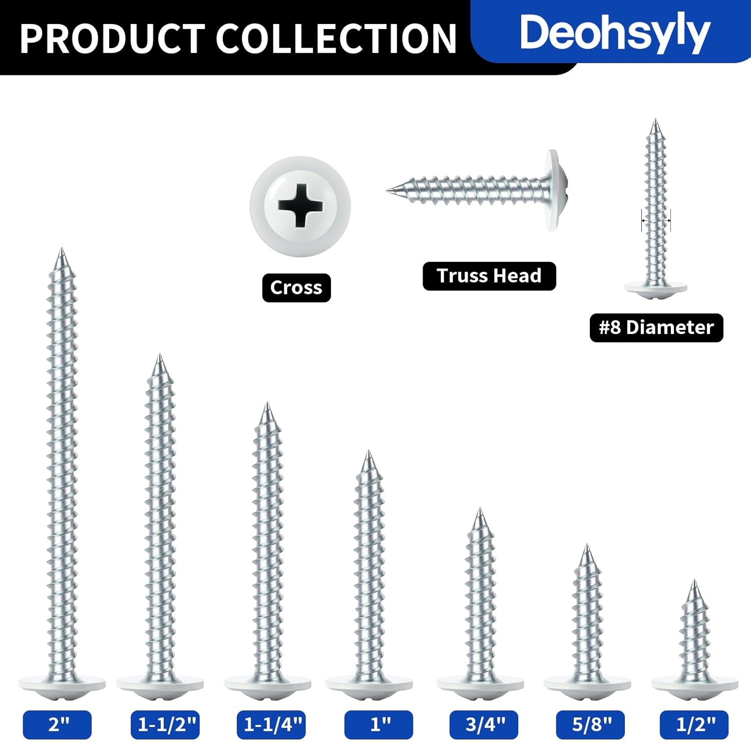 #8 x 1-1/4" Wood Screw (652Pcs) 4lb. White Head Alloy Steel Standard Thread Phillips Truss Head Fast Self Tapping