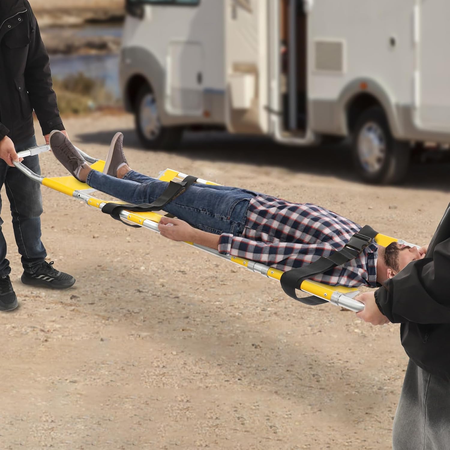 Foldable Emerncy Stretcher - 350 lbs Capaci, Portable & Adjustable 63" to 79", Includes 2 Safe Belts, Ideal for Events & Emerncy Transport, Bright Yellow