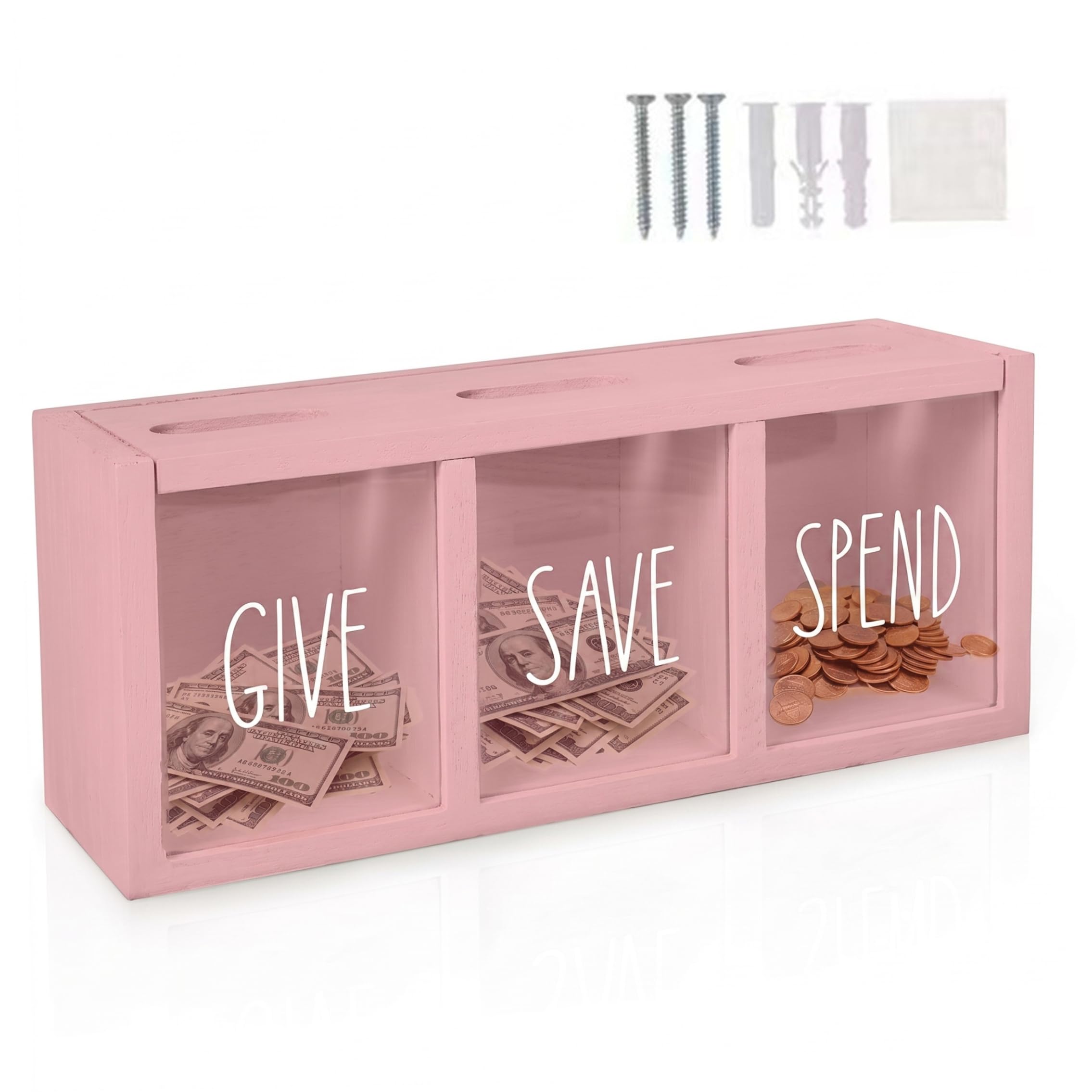 Money Banks, Save Spend Give Bank For Kids, 3-compartment Wooden Piggy Bank, Money Saving Box With Clear Acrylic Panel, Wall-mount & Magnetic 4.7x3.9x9.8 inch