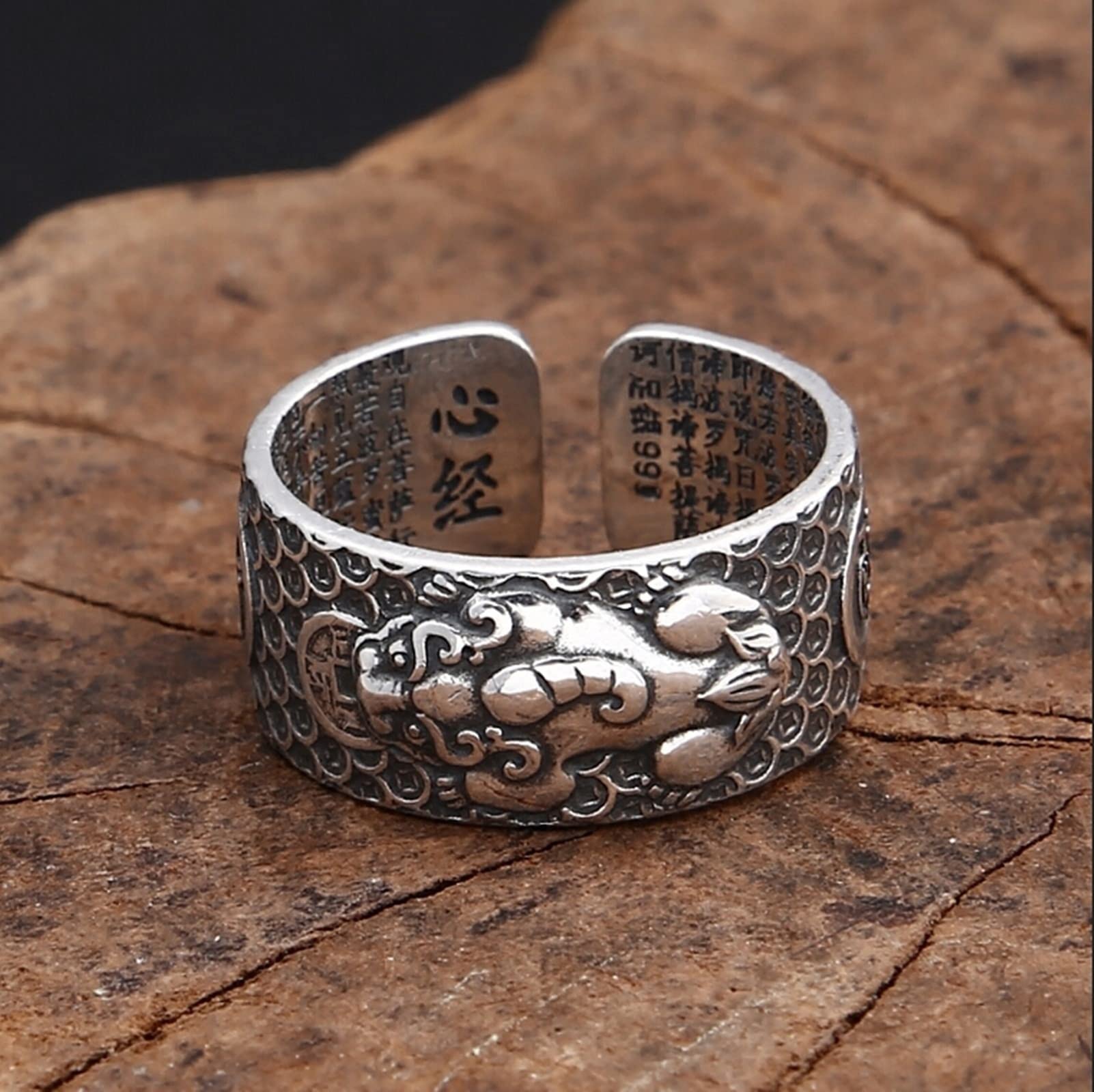 Anillo de plata de ley S925 para hombre, con grabado Pixiu chino Sutra, anillo de compromiso, anillos de amistad, punk rock, plata de ley 925, personalizable